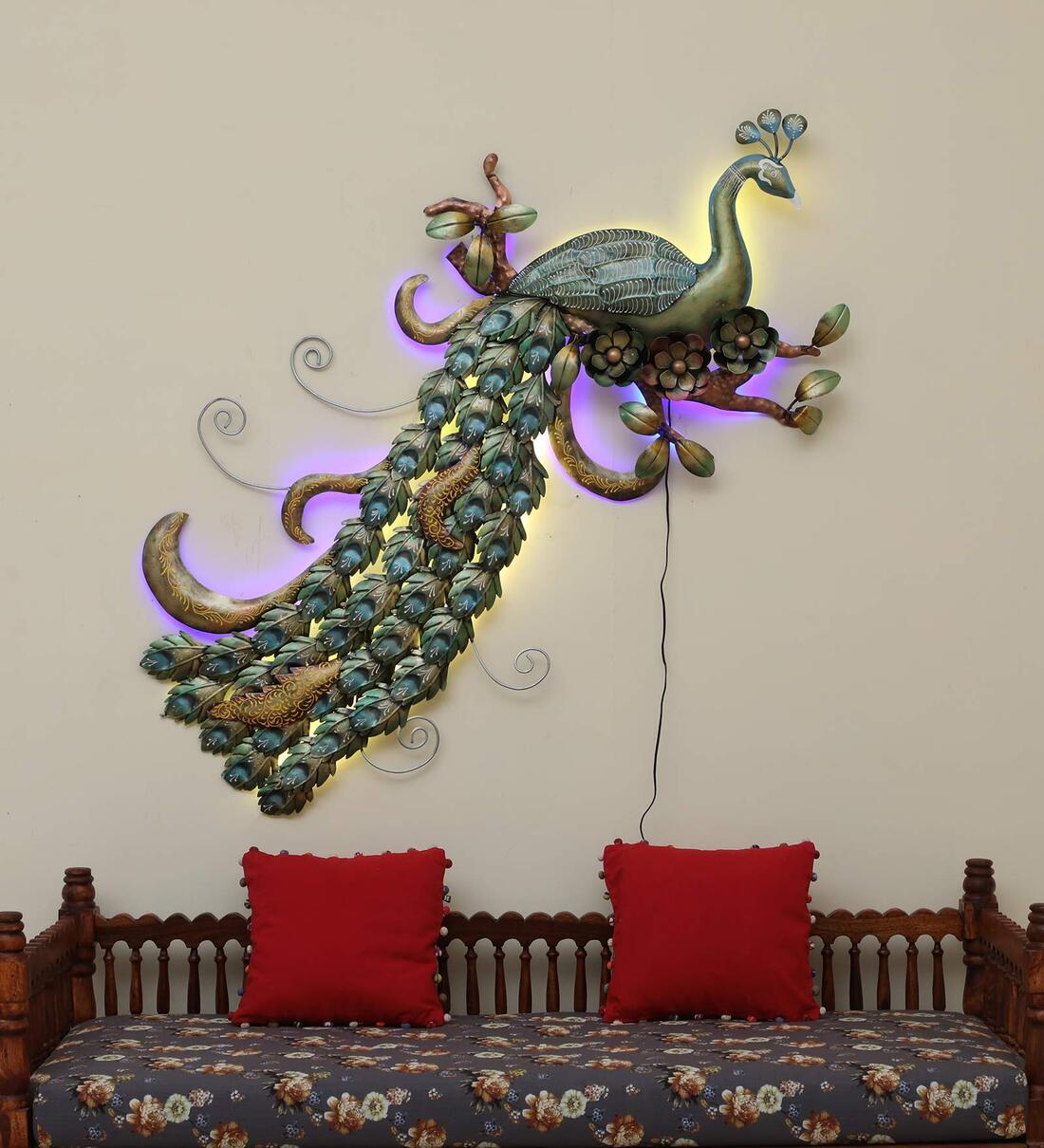 Multicolor Iron Peacock Wall Art With LED