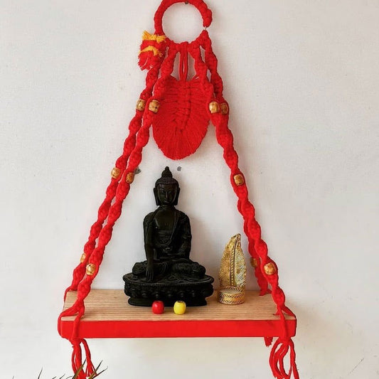 Wall Hanging Shelf, 1 Real Wood Floating Shelves for Wall Rope Plant Shelf Farm house Decor for Living Room , Bedroom Kitchen Apartment - Wood Hanging (Red Color) - ArtyCraftz