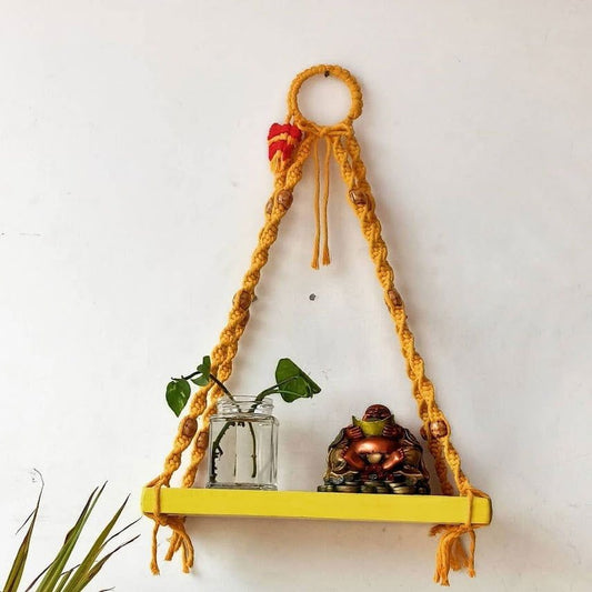 Wall Hanging Shelf, 1 Real Wood Floating Shelves for Wall Rope Plant Shelf Farm house Decor for Living Room , Bedroom Kitchen Apartment - Wood Hanging (Yellow Color) - ArtyCraftz