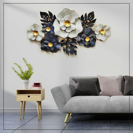 White & Dark Blue Floral Metal Wall Art - ArtyCraftz