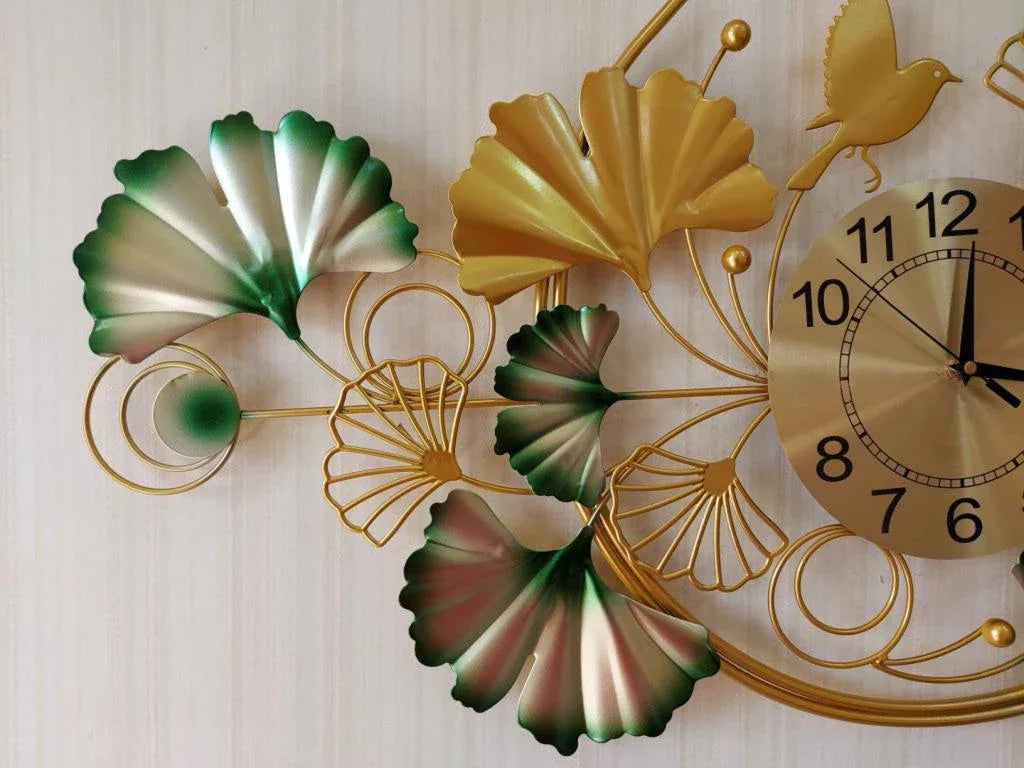 Luxury Floral Metal Wall Clock with Gold & Green Finish-ArtyCraftz.com