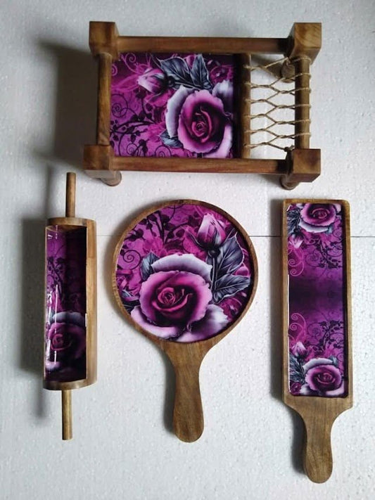 Wooden Khatiya Pizza Starter Serving Platter Sizzler Rose Design with Blue Color Tray for Dinning Table, Guest,Restaurant, Party & Gifted Product - ArtyCraftz