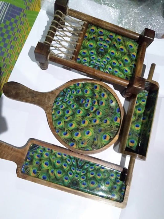 Wooden Khatiya Pizza Starter Serving Platter Sizzler Tray for Dinning Table, Guest,Restaurant, Party & Gifted Product Peacock Feather - ArtyCraftz