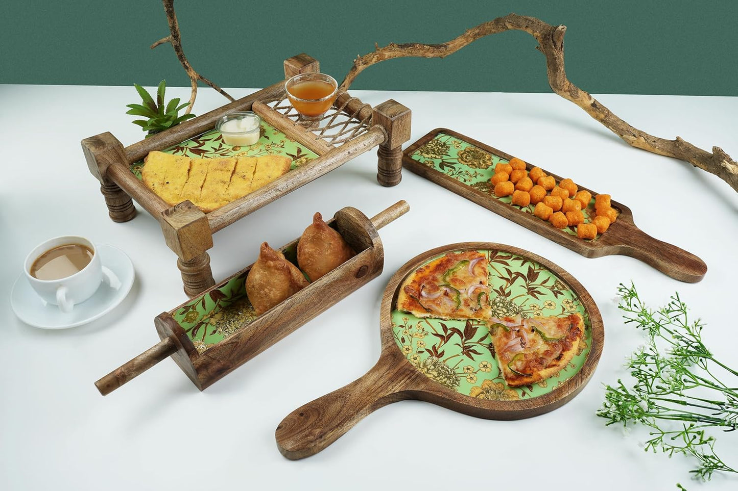 Wooden Khatiya Platter with Printed Design - ArtyCraftz