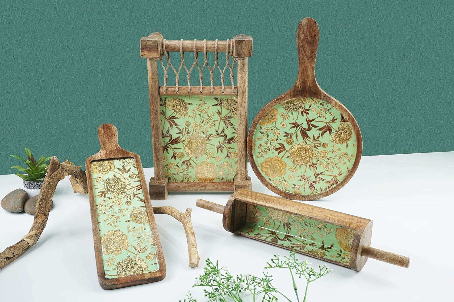 Wooden Khatiya Platter with Printed Design - ArtyCraftz