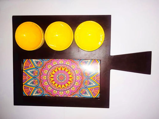 Wooden Sauce Server Tray with 3 Dips Bowl,Meena Printed Use for Serve Vinegar, Salad, Soy Sauce, Snack,in Hotels, Kitchen, Home, Restaurant Brown with Yellow Color - ArtyCraftz