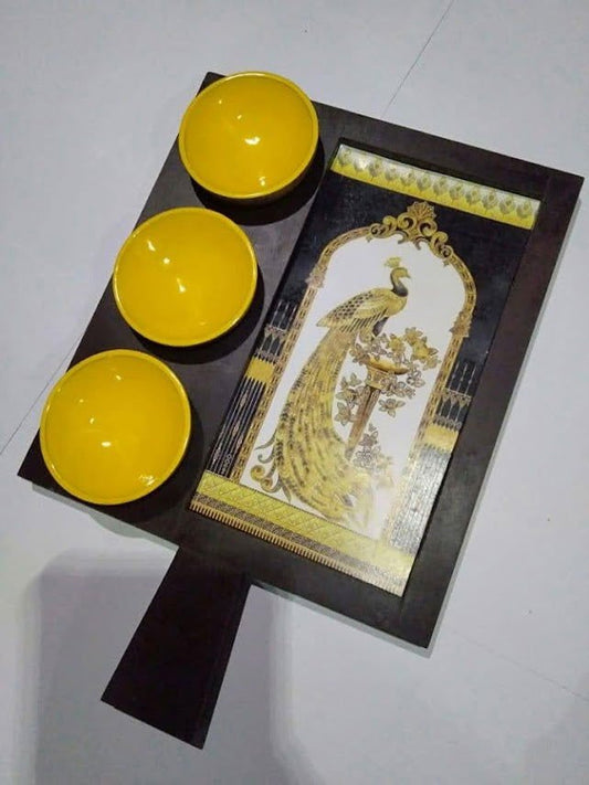 Wooden Sauce Server Tray with 3 Dips Bowl,,Meena Printed Use for Serve Vinegar, Salad, Soy Sauce, Snack,in Hotels, Kitchen, Home, Restaurant with Peacock Design - ArtyCraftz