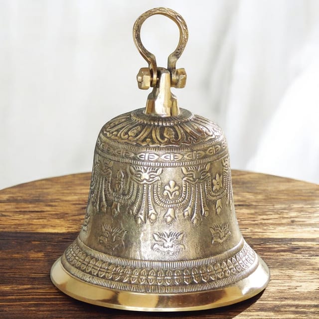 Tibetan Buddhist Style Engraved Brass Hanging Pooja Bell-ArtyCraftz.com
