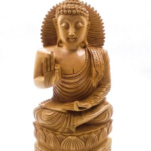 Handcarved 12 Inches Wooden Buddha Sitting on Lotus Carving