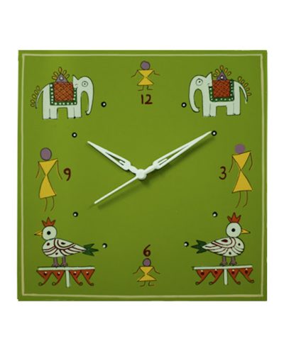 Wall Clock with Green Hand Painted Warli