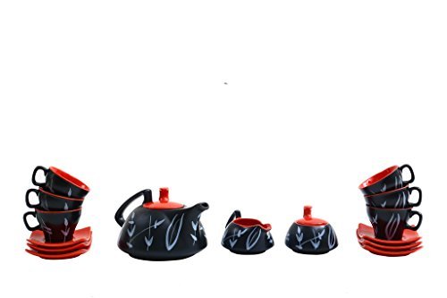 Teaset Ceramic Stoneware in Black Handmade Bamboo Kettle, Sugar Milk Container Cups with Saucer – Set of 15 Pieces