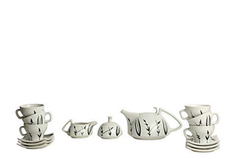 Teaset Ceramic/Stoneware in White Bamboo (Kettle, Sugar and Milk Container, Cups with Saucer) – Set of 15