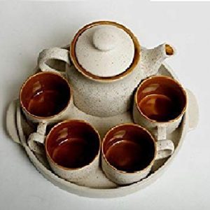 Ceramic Handmade Brown Matte Pattern Tea Tray Set (6 Pc)