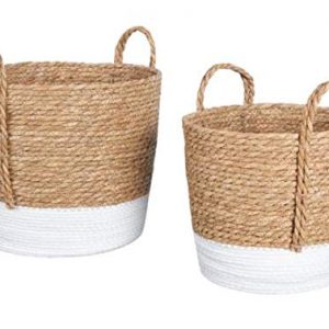 Handcrafted Round Woven Jute Basket Handmade (White/Beige)(10×10)(8X8) Jute (White-Beige)