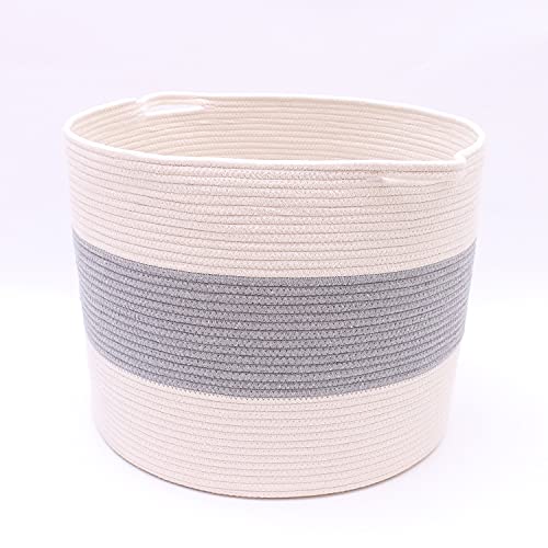 Handcrafted Storage Basket White Organizer Baby Laundry Baskets for Blanket Toys Towels Nursery Hamper Bin with Handle 35 x 25 cm, White & Grey Color