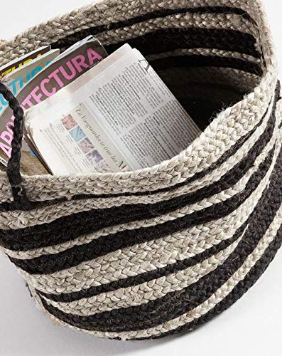 Handcrafted Storage Basket 12 inches X 12 inches Beige Color with Black Jute Rope (Black-Beige)