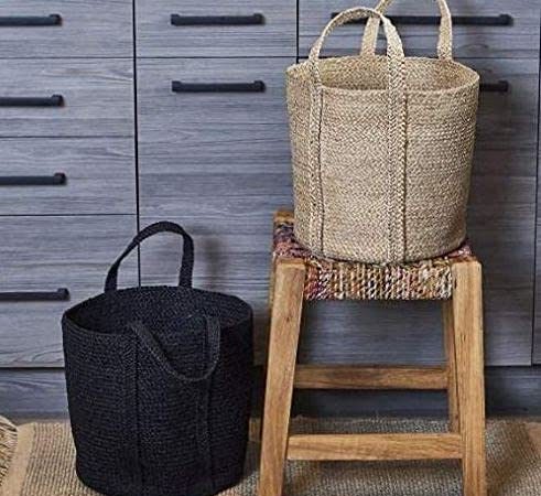Handcrafted Woven Storage Basket Jute Rope Organizer Baby Laundry Baskets for Blanket Toys Towels Nursery Hamper Bin with Handle (Black)