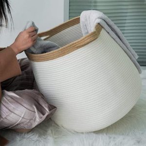 Handcrafted Cotton Round Woven Jute Basket Handmade White and Beige Color