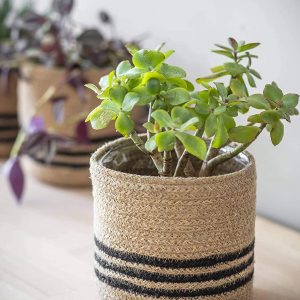 Handcrafted Woven Round Floral Pots Bag Natural Jute Plant Bag Pot Bags  (Beige-Black_Cylindrical) (1, 30X30)