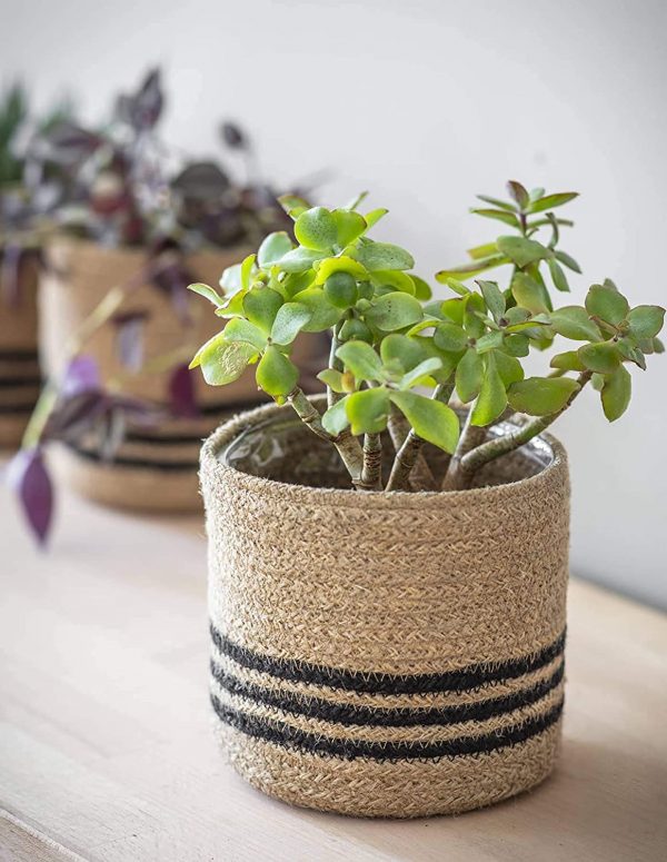 Handcrafted Woven Round Floral Pots Bag (Beige-Black_ Cylindrical) (1, 30X30)