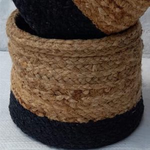 Handcrafted Woven Round Plant Bag Jute 8×8 Inches Set of 2 Beige-Black Color