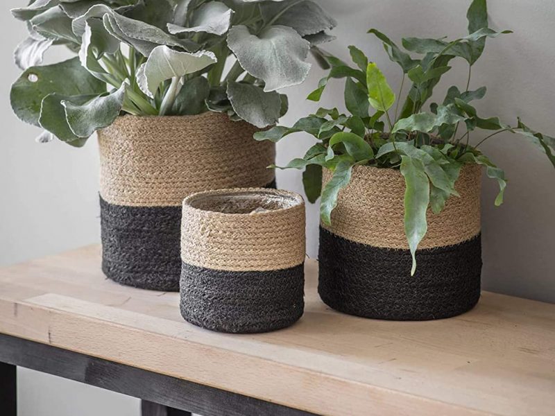 Handcrafted Woven Round Floral Pots Bag Natural Jute & Cotton Plant Bag Pot Bags for All Plants Home Room Hall Decor (Multi Set of 3)