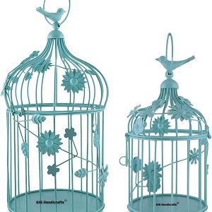 Iron Blue Bird Cage Design Tealight Candle Holder, Pack of 2