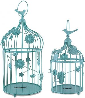 Iron Blue Bird Cage Design Tealight Candle Holder, Pack of 2