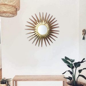 Sunburst Metal Glass Modern Art Home Decor Wall Mirror (26 x 26 Inches, Golden)