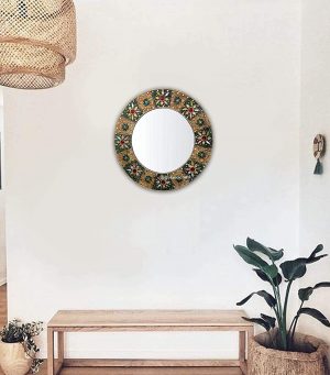Decorative Wood Glass Modern Art Wall Mounted Hanging Mirror Sculpture (60 x 60 x 4 cm, Multicolour)