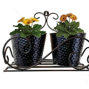 Metal Wall Pot/Plant Stand/Holder with Planters for Balcony Living Home Decor (30 x 16 x 24 cm) (Black Stand with Black Planters)