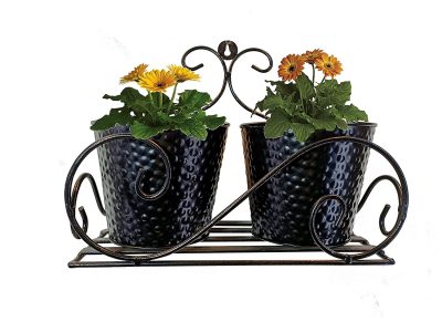 Metal Wall Pot/Plant Stand/Holder with Planters for Balcony Living Home Decor (30 x 16 x 24 cm) (Black Stand with Black Planters)