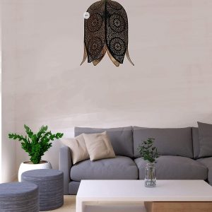 Metal Moroccan Lotus Shape Hanging Lamp (24 x 24 x 40 cm) (Black Inside Gold)