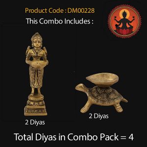 Oil Lamp Pooja Diya Brass Light Puja Decorations Mandir Wicks Diyas Deep Laxmi & Tortoise Turtle Deep Set of 4 – Golden