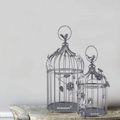 Iron Silver Bird Cage Design Tealight Candle Holder, Pack of 2