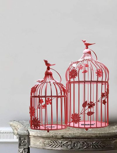 Iron Red Bird Cage Design Tealight Candle Holder, Pack of 2