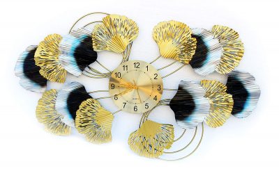 Metal Wall Clock with Ginkgo Turquoise Leaves
