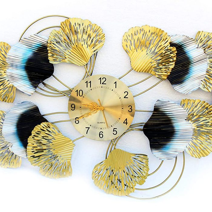 Metal Wall Clock with Ginkgo Turquoise Leaves
