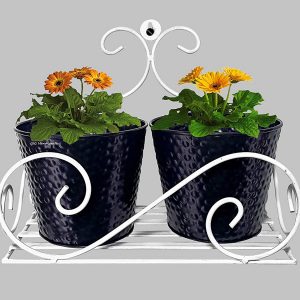 Metal Wall Pot/Plant Stand/Holder with Planters for Balcony Living Home Decor (30 x 16 x 24 cm) (White Stand with Black Planters)