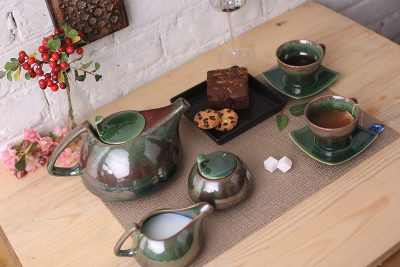 Teaset Ceramic Stoneware in Green Ferrous (Kettle, Sugar & Milk Container, Cups with Saucer) -Set of 15 Piece