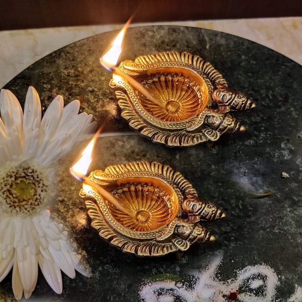 Laxmi Ganesh Brass Diya Indian Diwali Oil Lamp Pooja Light Puja Decorations Set of 4