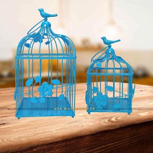 Metal Square Bird Cage Design Tealight Candle Holder, Pack of 2 Blue