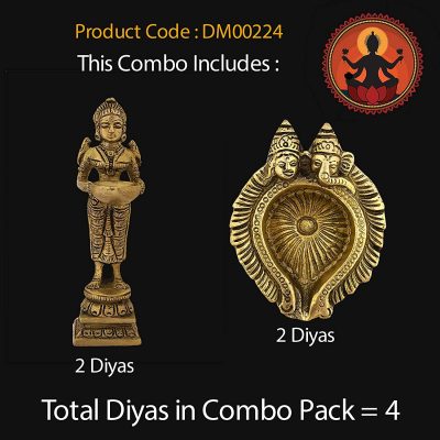 Diya Brass Light Puja Decorations Mandir Decoration Items Handmade Items Lamps Diyas Deep Laxmi & Sri Laxmi Ganesh Vilakku Set of 4