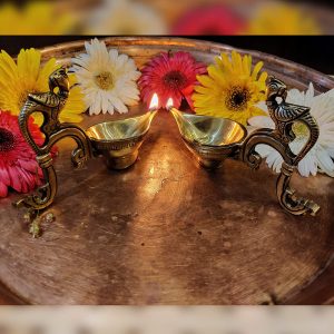 Parrot Handle Brass Diya Indian Diwali Oil Lamp Pooja Light Puja Decorations Set of 4 Pieces