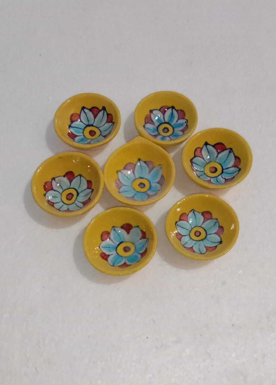 Handmade Decorative Yellow and White Blue Pottery Diya