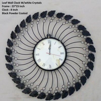 Metal Wall Clock with Black Leaf