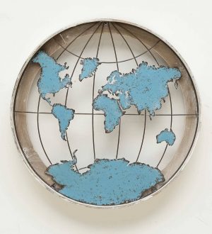 Blue Round Metal World Map Wall Art