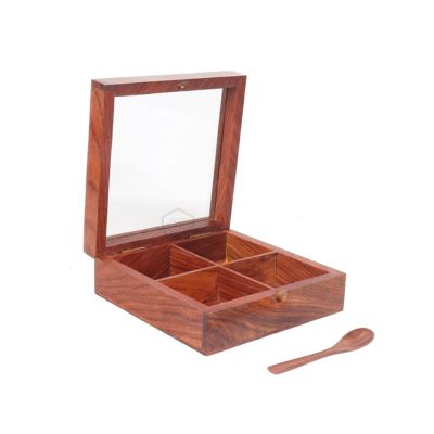 Wooden Spice Box Set with 4 Containers and Spoon