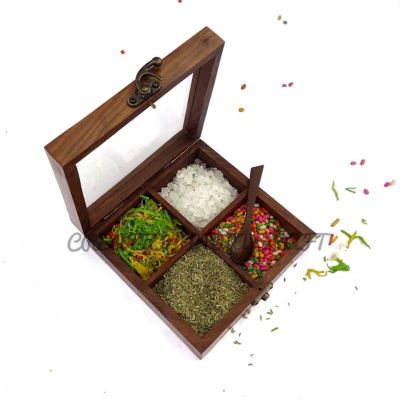 Handcrafted Wooden Spice Box Set with 4 Containers and Spoon