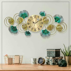 Metal Green and Golden Palm Leaf Analog Clock